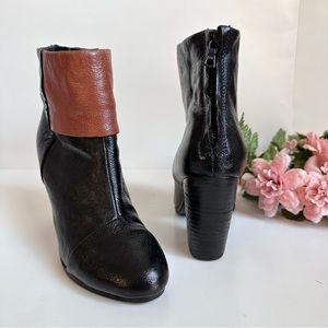 Rag & Bone Classic Newbury Black Cognac Leather Back Zip Chunky Heel Booties